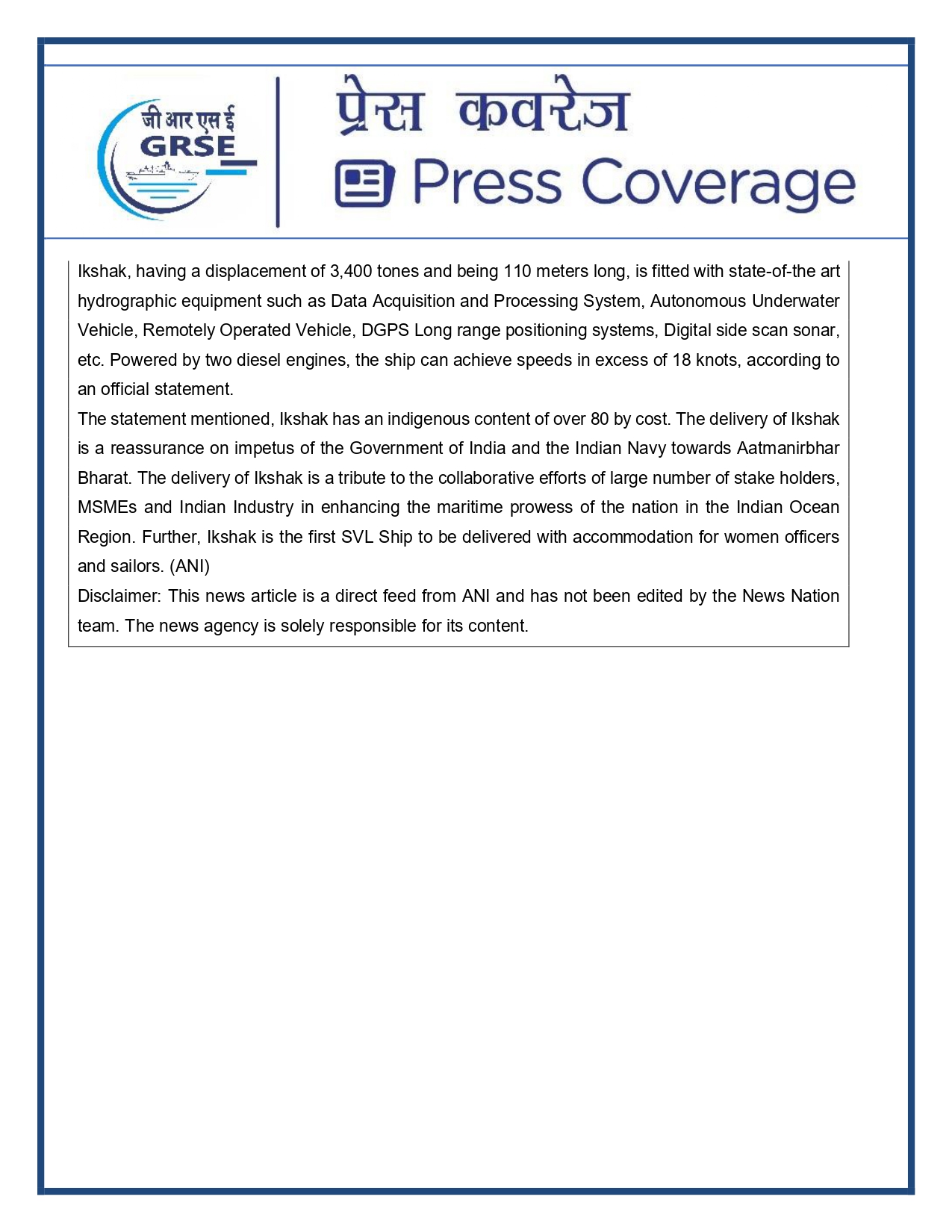 Press Coverage : 15 Aug 25:Navy takes delivery of Third Survey Vessel 'Ikshak' from GRSE